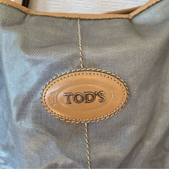 Tods coated canvas two way bag blue with tan leather trim - Picture 5 of 15
